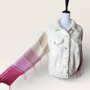 POL Colorblock Sherpa Fringe Jacket Button Front Cream Pink Womens Medium